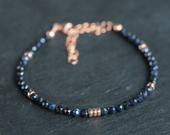 Blue Sapphire Bracelet, Yellow or rose Gold Filled, Delicate Blue Sapphire Skinny Stacking Bracelet, Tiny Faceted Beads Sapphire 2mm #0184