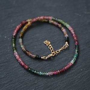14K SOLID GOLD Mixed Tourmaline Beaded Necklace | [ENMM1131] Watermelon tourmaline necklace | Multi color tourmaline | AAA Tourmaline