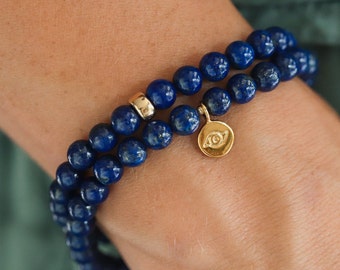 14K GOLD Lapis Lazuli Bracelet, Genuine Lapis Lazuli Beaded Bracelet, 6mm Genuine Lapis Lazuli bracelet, 14K gold accents, Stackable