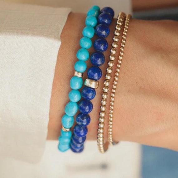 14K GOLD Lapis Lazuli Bracelet, Genuine Lapis Lazuli Beaded