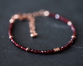 Genuine Garnet Bracelet, 14K Rose Gold, Delicate Garnet Skinny Stacking Bracelet, Garnet 3mm | dainty garnet bracelet | garnet jewelry