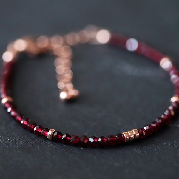 Genuine Garnet Bracelet, 14K Rose Gold, Delicate Garnet Skinny Stacking Bracelet, Garnet 3mm | dainty garnet bracelet | garnet jewelry