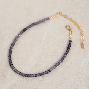 Può includere: Bracciale delicato con piccole pietre preziose sfaccettate blu-grigio scuro. Il bracciale presenta dettagli dorati e una chiusura a moschettone. La catena regolabile consente una vestibilità personalizzata. Lunghezza di circa 18 cm.