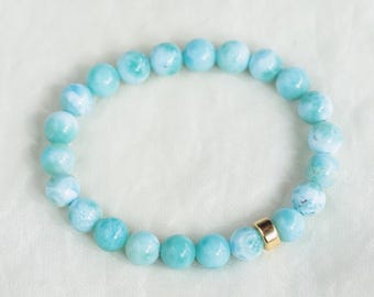 14K GOLD Larimar bracelet 8mm | genuine larimar bracelet size 8mm | [EBLP1434] blue ocean bracelet | Authentic Larimar | Dolphin stone