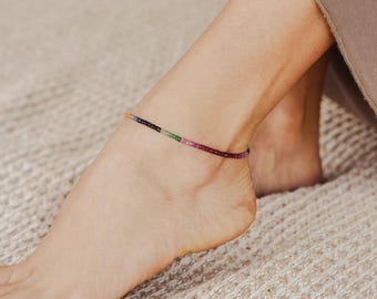 Multi sapphire anklet | Beaded sapphire anklet | [DIP] women's rainbow sapphire beaded ankle bracelet | gemstone anklet