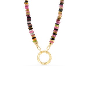Mixed Tourmaline Beaded Necklace | Watermelon tourmaline necklace | [ENMP1147] Multi color tourmaline | AAA Tourmaline necklace Circle hammered