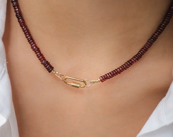 Garnet Beaded Necklace | Women's garnet necklace | Deep Red Garnet, Smooth rondel garnet, genuine garnet | January birthstone | garnet gift