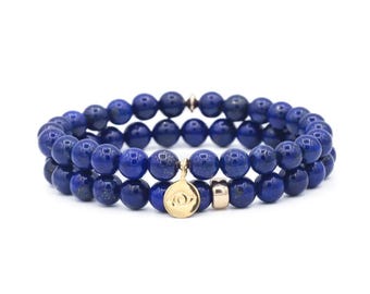 Lapis Lazuli Bracelet, Genuine Lapis Lazuli Beaded Bracelet, [EBLM1112] 6mm Genuine Lapis Lazuli bracelet,  gold accents