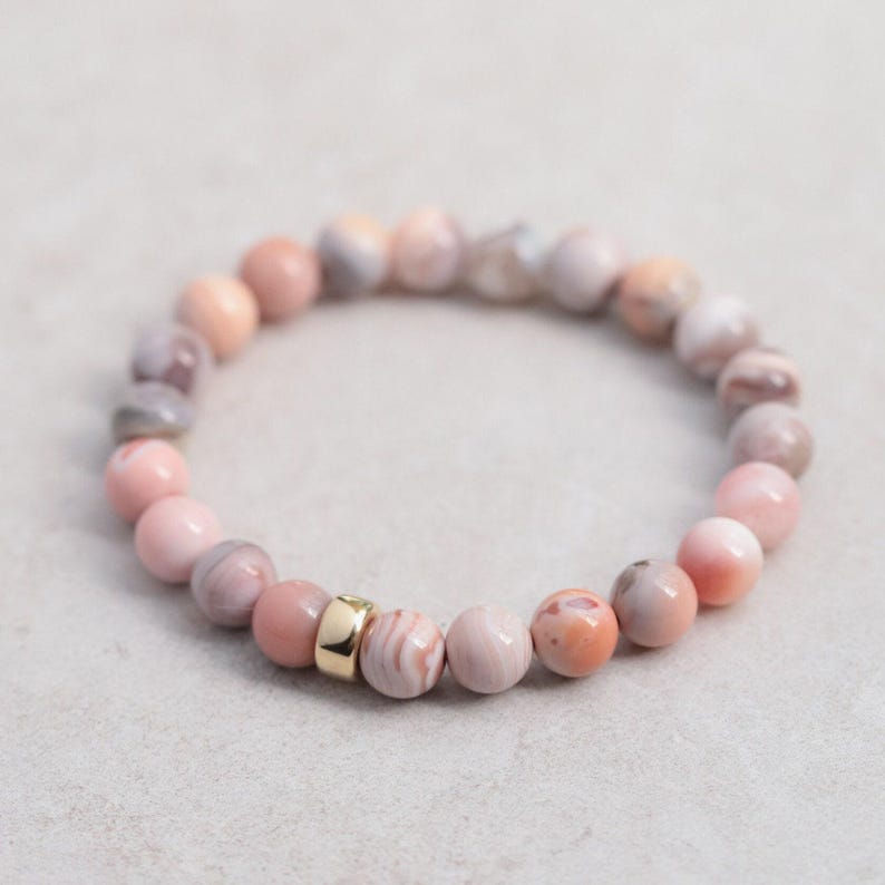 14K GOLD Pink Botswana Agate Bracelet [EBPM1479] Handmade 8mm Banded Pink Agate Beaded Gemstone Bracelet Stack Bracelet | Healing bracelet image 2