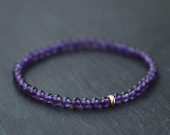 Bracelet en or massif 14 carats avec améthyste | Bracelet en améthyste 4 mm | [EBAM1508] Bracelet en perles d&#39;améthyste violette | bracelet de guérison | Février