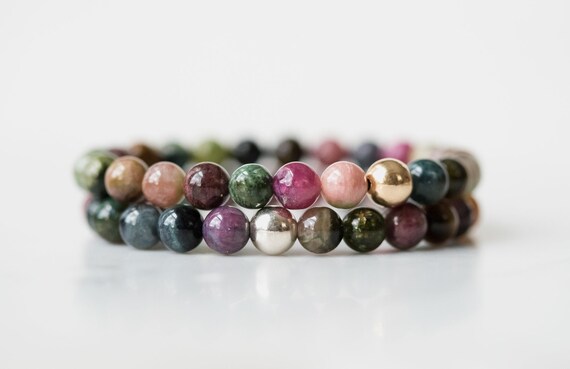 Natural Tourmaline Bracelet Women Beaded Bracelet Stretch Bracelet Tourmaline Multicolor bracelet Bead Bracelet Genuine Tourmaline #4034