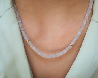 AAAA+ Moonstone Necklace | Rainbow Moonstone Choker | AAA+ Blue Moonstone Faceted Rondelle Beads Necklace | June birthstone #0339