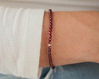 SOLID 14K GOLD Garnet Bracelet, Delicate Garnet Skinny Stacking Bracelet, faceted garnet bracelets, Tiny Beads Garnet 3mm | gift for her