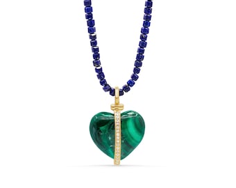 Alchemie Herz Halskette | Lapislazuli und Malachit | Malachit Herz weiß Topas gold vergoldet | Würfelschliff Lapis Halskette