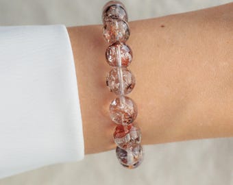 Pulsera de cuarzo fantasma de oro macizo de 14 quilates, elástica de cuarzo fantasma de 10 mm AAAA+, regalo de pulsera de piedras preciosas raras