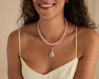 14K GOLD Rose quartz Necklace | Rose quartz necklace | [ENRO2045] Rose quartz Faceted Rondelle Beads Necklace | June birthstone #0339