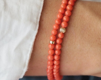 14K GOLD Italian Coral 4mm | Mediterranean Sea Red Coral 4mm | [EBCP1048] Genuine red coral 4mm | Beaded red coral bracelet | Natural Coral