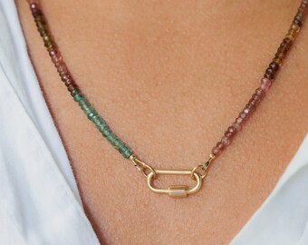 Mixed Tourmaline Carabiner Necklace | Watermelon tourmaline carabiner necklace | Multi color tourmaline jewelry | Tourmaline necklace