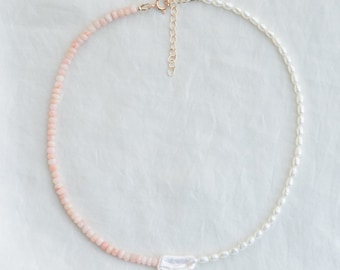 Pink Opal and freshwater pearls beaded necklace, pink opal choker, pink opal jewelry, October Birthstone, pink gemstone necklace, Pink Opal
