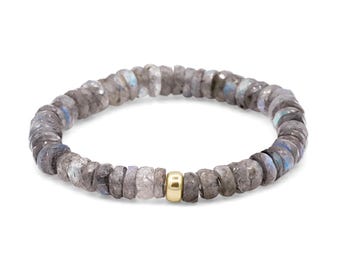 Labradorite Bracelet, Beaded Grey Gemstone Stacking Jewelry, [EBLM1851] Delicate Stretch Faceted Small Beads | labradorite
