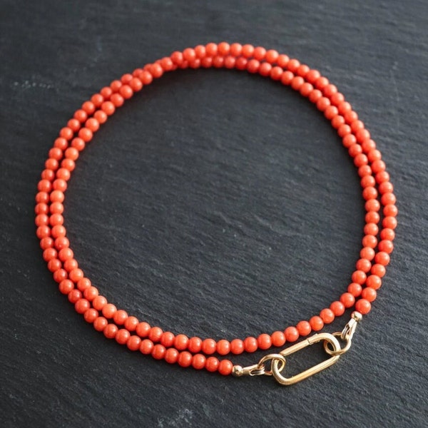 Koralle Karabiner Kette 3mm | Italienische Rote Koralle Halskette 3mm | Echte unbehandelte Mittelmeer Koralle Choker. Lange Perlenkette