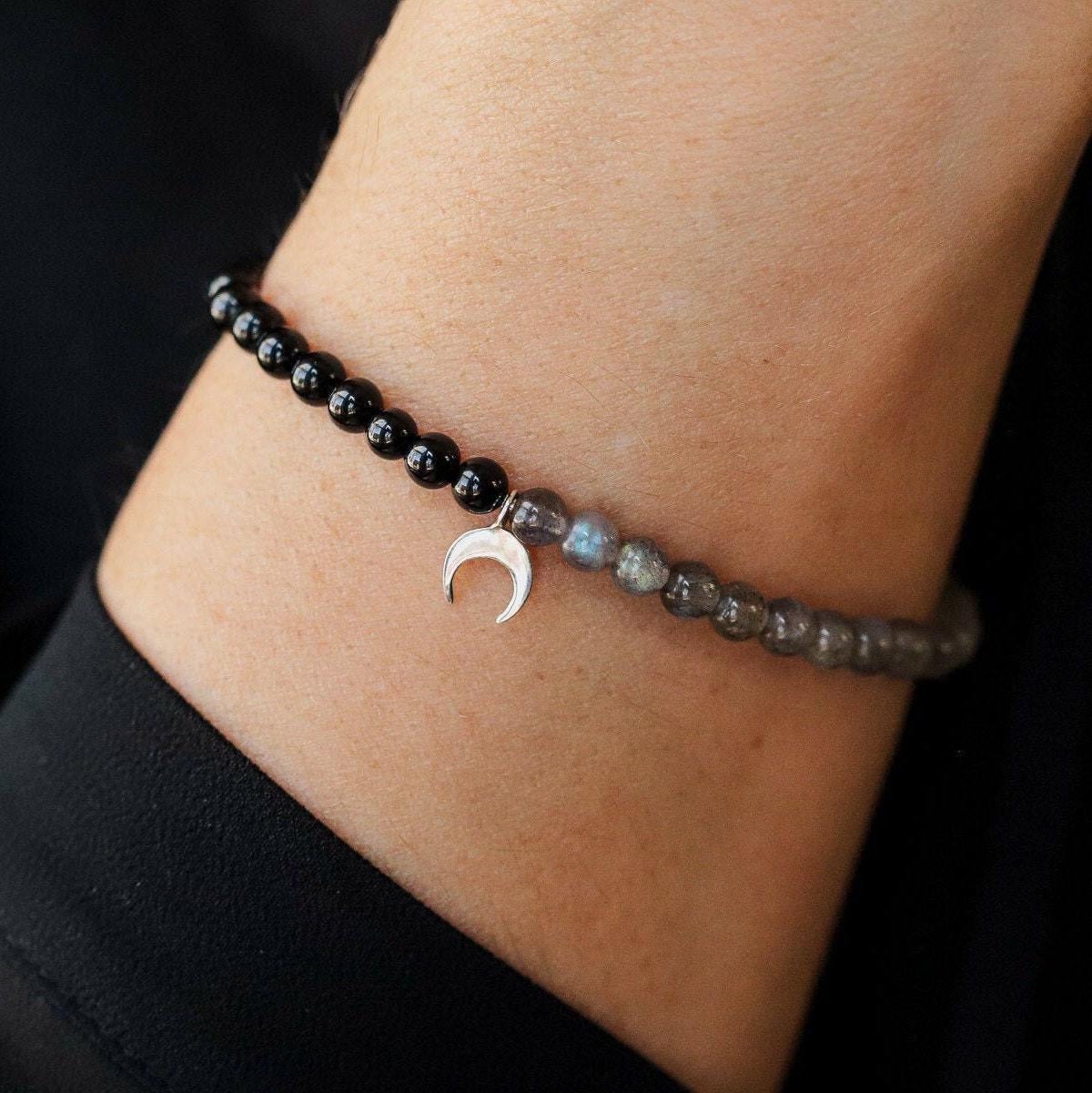 Bracelet en tourmaline noire 4 mm | Véritable tourmaline noire [EBLP1029] Bracelet en labradorite 4 mm | Force Protection Guérison | Bracelet noir