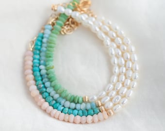 Gemstone + pearl Bracelet | freshwater pearl Bracelet  | dainty pearl gold Bracelet | opal and pearl  beaded bracelet | 14k gold filled