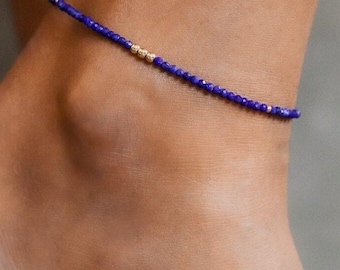 14K GOLD Lapis Lazuli anklet | Beaded lapis ankle bracelet | [EALP1066] women&#39;s gemstone anklet | delicate lapis lazuli anklet | gold
