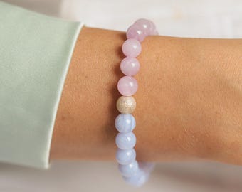 Blauer Spitzenachat & Kunzit | Lila Edelstein Armband | Heilung | [EBKM1124] AAA blauer Spitzenachat | echtes Kunzit Armband | AAA Kunzit