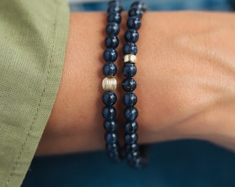 Blue Sapphire bracelet 6mm | Sapphire Bracelet beaded | Dark Blue Sapphire | Sapphire gemstone bracelet | blue sapphire stretch