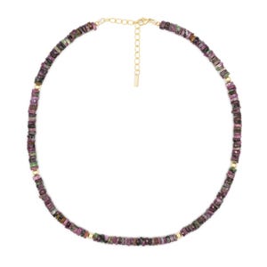 May include: A necklace with small, square-cut gemstones in purple, green, and brown. The gemstones are strung with small gold-coloured beads. The necklace has a gold-coloured chain and clasp for adjustable length.