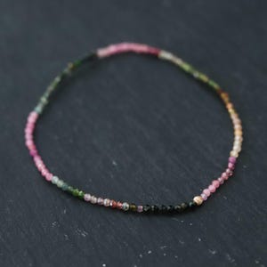 14K GOLD Mixed Tourmaline bracelet 3mm | Tiny multi tourmaline Bracelet | Multi tourmaline elastic | Faceted mixed tourmaline stretch