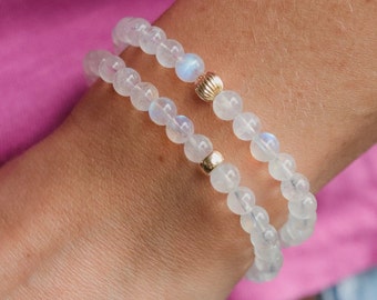 14K GOLD Rainbow Moonstone bracelet 6mm | [EBMM1020] Genuine Natural Moonstone, translucent Moonstone | Top quality rainbow moonstone 6mm