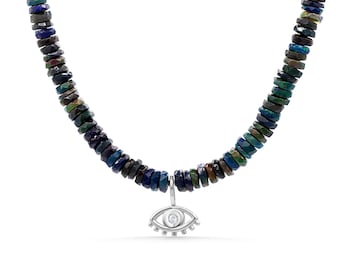 DIAMOND Black Ethiopian Opal 5mm Beaded Necklace | AAA Opal Rondelle Necklace | October Birthstone | Black Opal | opal jewelry