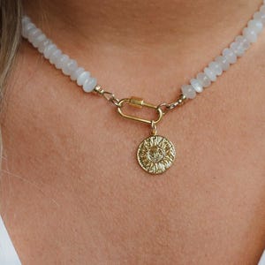 Moonstone Carabiner with SUN pendant, White Moonstone Necklace, [ENMP1054] carabiner gemstone necklace, beaded moonstone necklace sun