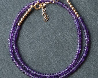 Amethyst Beaded Necklace, 3.5mm African Amethyst | beaded amethyst Necklace | Amethyst Necklace | February birthstone | gold amethyst