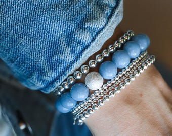 Angelite Bracelet | 10mm Genuine Angelite | Sterling Silver or Gold Filled | Stretch Gemstone Bracelet | Gift for Her