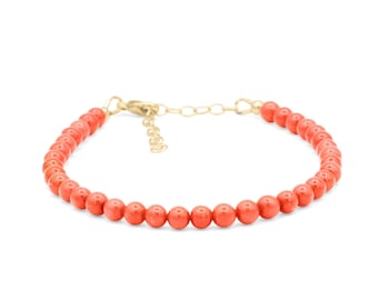 Coral Bracelet 3.5–4mm Round Beads, Red Gemstone Bracelet, Sterling Silver Gold Filled or 14K Gold, Adjustable Sizes 6-9", Handmade Canada
