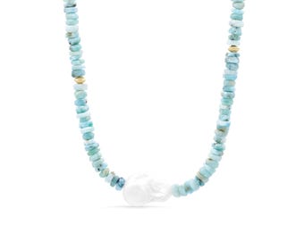 Larimar heishi baroque pearl, Dominican larimar Necklace, [ENLP1591] larimar beaded jewelry, Larimar Necklace 14k gold filled | larimar