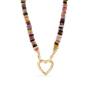 Mixed Tourmaline Beaded Necklace | Watermelon tourmaline necklace | [ENMP1147] Multi color tourmaline | AAA Tourmaline necklace Heart carabiner