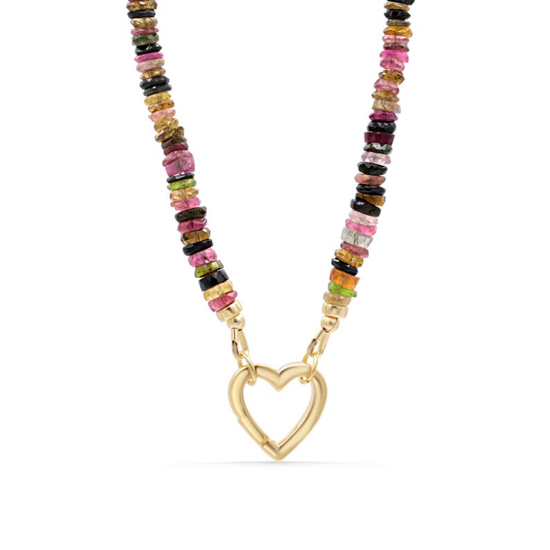 Mixed Tourmaline Beaded Necklace | Watermelon tourmaline necklace | [ENMP1147] Multi color tourmaline | AAA Tourmaline necklace Heart carabiner