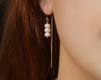 Freshwater pearl threader earrings, genuine pearl earrings, 14K gold pearl earrings, gold earrings pearls, 14K gold