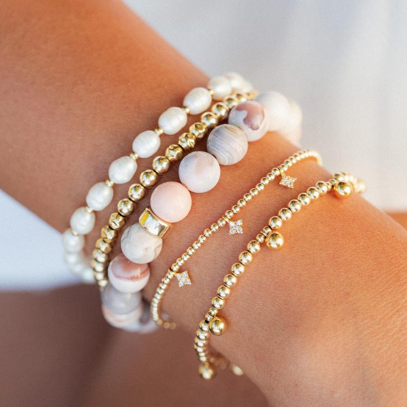 14K GOLD Pink Botswana Agate Bracelet [EBPM1479] Handmade 8mm Banded Pink Agate Beaded Gemstone Bracelet Stack Bracelet | Healing bracelet image 1