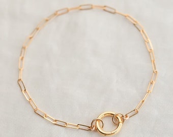 Bracelet trombone mousqueton, bracelet chaîne trombone moyen, bracelet chaîne plaqué or, bracelet chaîne à maillons rectangle doré