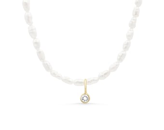 Freshwater Pearl + topaz necklace | Pearl necklace 14K gold [ENPM1094] | freshwater pearl necklace | pearl necklace | June birthday