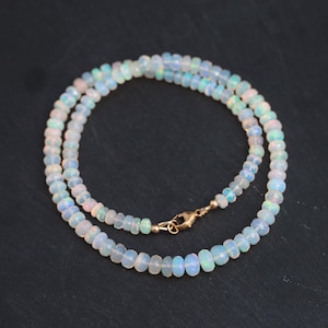 14K GOLD Ethiopian Opal Beaded Necklace | AAA+ Welo Opal Rondelle [ENEP1088], October Birthstone, Genuine Ethiopian Opal, gradient rondel