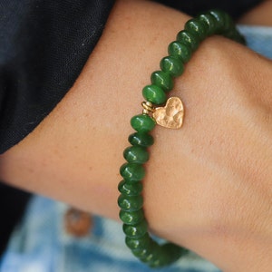 Canadian Jade bracelet | smooth rondel jade | real jade bracelet | natural jade | gold vermeil heart | genuine jade bracelet