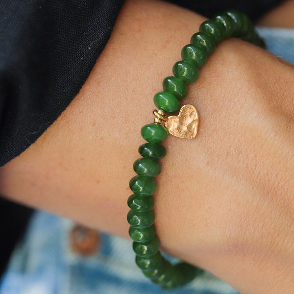 Bracelet en jade canadien | jade rond lisse | bracelet en jade véritable | jade naturel | coeur vermeil doré | bracelet en jade véritable