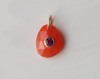 Flame & Violet Pendant - Carnelian Pendant with Amethyst Center, Handmade Gemstone Necklace