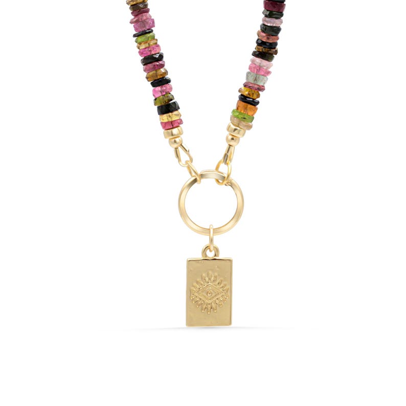 Mixed Tourmaline Beaded Necklace | Watermelon tourmaline necklace | [ENMP1147] Multi color tourmaline | AAA Tourmaline necklace Evil eye combo